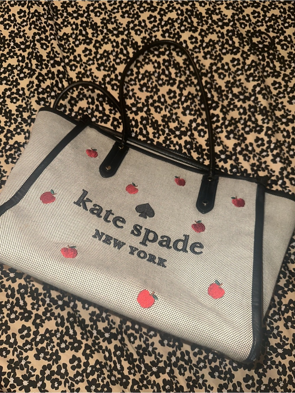 kate spade Cream Tote with Red Apple Print and Black Trim